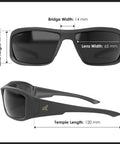 Brazeau Polarized Safety Glasses With 99.9 Percent UV Protection And ANSI Z87, front and side view showing dimensions.