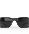 Front view of Brazeau Polarized Safety Glasses With 99.9 Percent UV Protection And ANSI Z87, black frame with dark lenses.