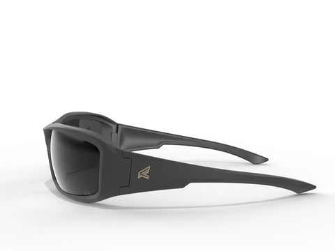 Brazeau Polarized Safety Glasses With 99.9 Percent UV Protection And ANSI Z87, side view with black frame and polarized lenses