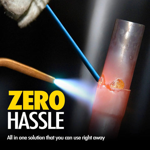 Pro Grade Flux Coated BCuP5 Brazing Rods With Fifteen Percent Silver for HVAC pipe repair in progress with zero hassle text overlay