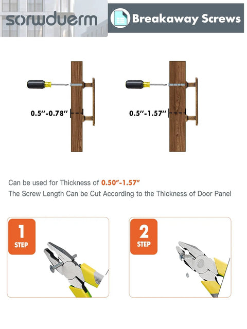 Diagram showing breakaway screw installation with adjustable length from 0.50 to 1.57 inches, including step-by-step cutting guide.