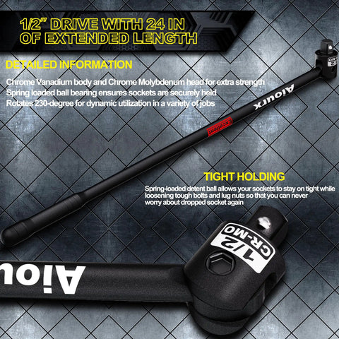 Heavy Duty Half-Inch Drive 25-Inch Breaker Bar With 250-Degree Swivel Head Aiourx CR-MO Chrome Molybdenum Steel Extension