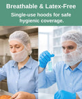 Two people wearing Disposable Bouffant Hood Breathable Polypropylene Hair Cover For Medical Food Processing And Cleanrooms One Size Fits All