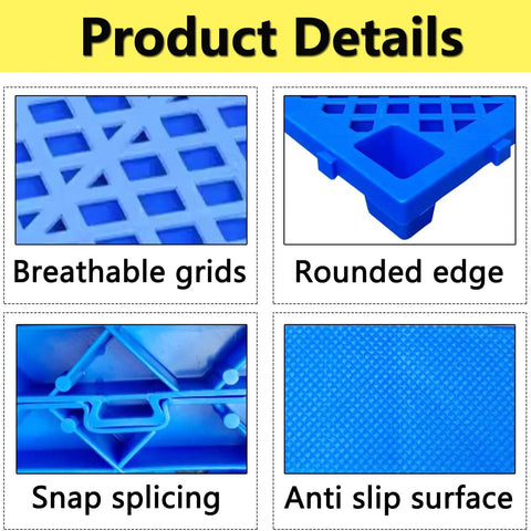 Close-up of breathable grids, rounded edge, snap splicing, anti-slip surface on Six Pack Plastic Pallets With Interlocking Grids