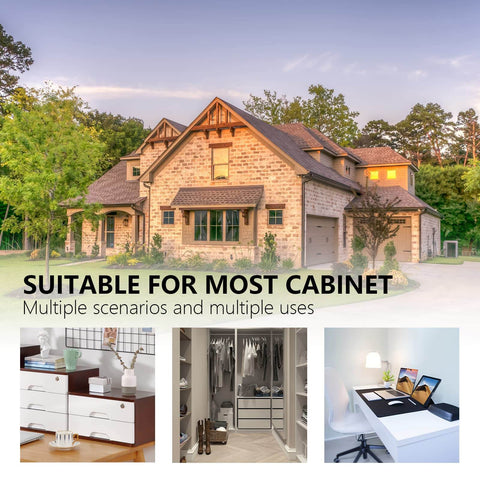 Brick house exterior with multiple indoor cabinet use scenarios shown below including office desk, dresser, and closet.