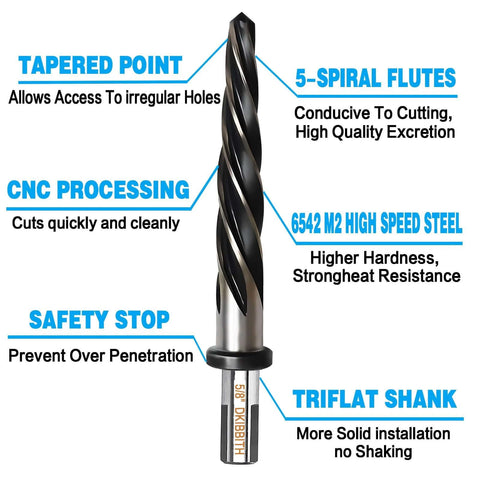 5/8 Inch Bridge Construction Reamer Drill Bit For Steel Wood And Plastic With M2 HSS 5 Spiral Flutes And 1/2 Inch Non Slip Shank Taper Chucking Reamer To Align Or Enlarge Holes Up To 16mm shown with labeled features