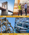 Collage of bridge, construction site, steel erection, and automotive industry scenes representing various industrial applications