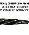Bridge Reamer Five Eighths Inch With One Half Inch Shank For Quick Hole Alignment In Tight Spots Black And Gold Finish KFD Series Drill America Industrial Tool For Builders And Machinists, side view showing black and gold finish and text explaining use for hole alignment.