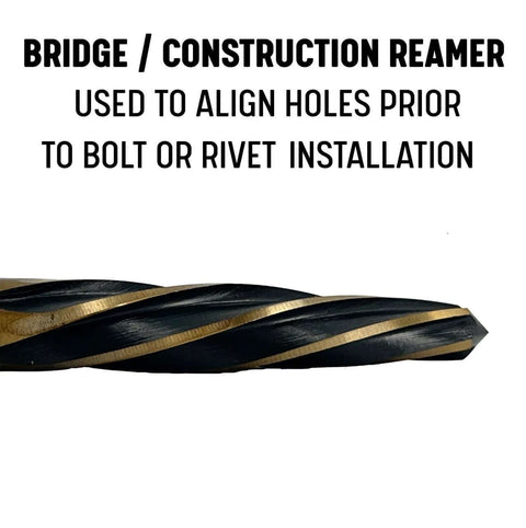 Bridge Reamer Five Eighths Inch With One Half Inch Shank For Quick Hole Alignment In Tight Spots Black And Gold Finish KFD Series Drill America Industrial Tool For Builders And Machinists, side view showing black and gold finish and text explaining use for hole alignment.