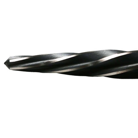 Heavy Duty Bridge Reamer Drill Bit For Metal Five Eighths Inch Alignment And Hole Enlargement With M2 Steel For Steel Alloy Wood Plastic Bolt Ready Non Slip One Half Inch Shank TMAX, showing close-up of spiral tip.