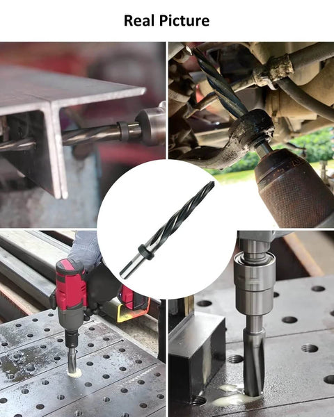 Pro Grade 5/8 Inch Bridge Reamer Drill Bit With 1/2 Inch Shank HSS Taper Chucking Reamer in various uses on metal surfaces
