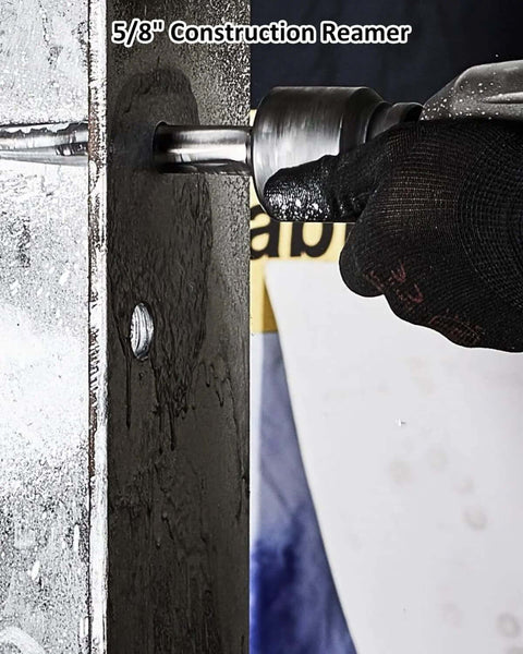 Pro Grade 5/8 Inch Bridge Reamer Drill Bit With 1/2 Inch Shank HSS Taper Chucking Reamer in use on metal sheet