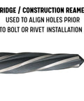 Pro Grade One Inch Bridge Reamer For Construction And Hole Alignment With Half Inch Shank DWR Series Heavy Duty Tool For Aligning Overlapping Holes Before Bolts Or Rivets Drill America, close-up view