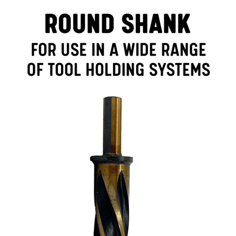 Bridge Reamer Five Eighths Inch With One Half Inch Shank For Quick Hole Alignment In Tight Spots Black And Gold Finish KFD Series Drill America Industrial Tool For Builders And Machinists showing round shank.