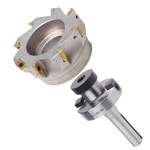 Beefy R8 Shank Shell Face Mill Arbor Adapter Holder For Bridgeport Mills One And A Half Inch Arbor Range Four To Five Inches Seven Sixteenth Inch Twenty Thread Made From 40CrMnTi Steel Built For Durability, shown in close-up view with shell mill components.