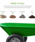 Bright green Dual Wheel Home Utility Yard Wheelbarrow Garden Cart with Built In Stand for carrying wood, mulch, gravel, soil.