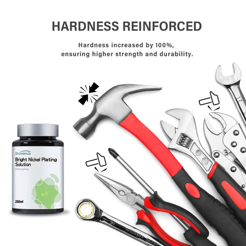 Bright Nickel Plating Solution 250ml for Electroplating With Excellent Corrosion Resistance shown with metal tools for durability