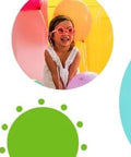 Baby looking surprised next to Bright Starts logo with colorful circles in background.