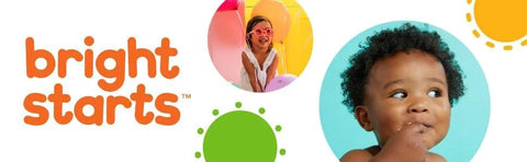 Baby looking surprised next to Bright Starts logo with colorful circles in background.