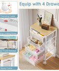 Rolling Storage Cart With Four Drawers And Wooden Top Metal Frame Lockable Wheels And Smooth Slide Drawers A Must Have Craft Organizer For Living Room Bedroom Office And Classroom In Bright White, featuring a sturdy frame and notched drawer fronts.