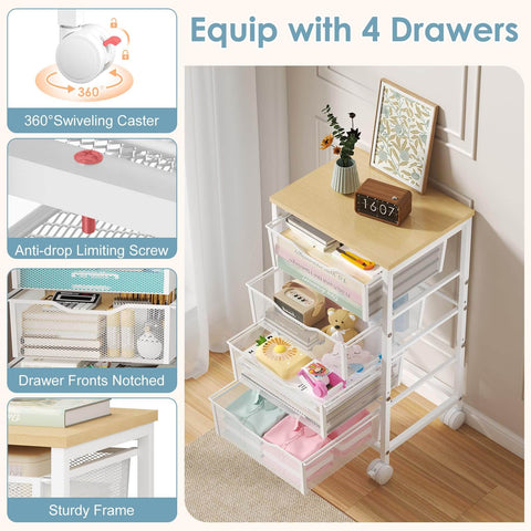 Rolling Storage Cart With Four Drawers And Wooden Top Metal Frame Lockable Wheels And Smooth Slide Drawers A Must Have Craft Organizer For Living Room Bedroom Office And Classroom In Bright White, featuring a sturdy frame and notched drawer fronts.