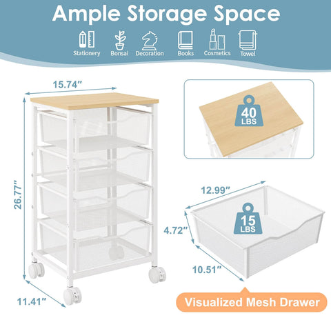 Rolling Storage Cart With Four Drawers And Wooden Top Metal Frame Lockable Wheels And Smooth Slide Drawers A Must Have Craft Organizer For Living Room Bedroom Office And Classroom In Bright White.