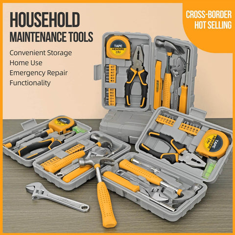 20 Piece Basic Tool Kit With Mini Toolbox For Home Repairs And Office Maintenance Easy To Use For Beginners And Gals Includes Hammer Adjustable Wrench Pliers Screwdrivers And More For DIY Projects And Everyday Fixes Bright Yellow displayed in open case