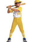 Child in yellow baseball uniform with bat, wearing Kids Knicker Baseball Pants For Tee Ball And Softball Practice With Belt Loops Youth Short Knickers