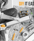 20 Piece Basic Tool Kit With Mini Toolbox For Home Repairs And Office Maintenance Easy To Use For Beginners And Gals Includes Hammer Adjustable Wrench Pliers Screwdrivers And More For DIY Projects And Everyday Fixes Bright Yellow displayed open on carpet with woman measuring.