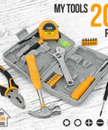 20 Piece Basic Tool Kit With Mini Toolbox For Home Repairs And Office Maintenance Easy To Use For Beginners And Gals Includes Hammer Adjustable Wrench Pliers Screwdrivers And More For DIY Projects And Everyday Fixes Bright Yellow displayed on a white background.