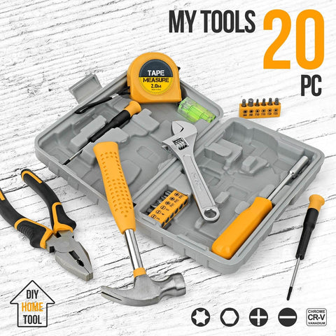 20 Piece Basic Tool Kit With Mini Toolbox For Home Repairs And Office Maintenance Easy To Use For Beginners And Gals Includes Hammer Adjustable Wrench Pliers Screwdrivers And More For DIY Projects And Everyday Fixes Bright Yellow displayed on a white background.