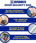 Brinks door security bar features including non-slip swivel base, padded foot, adjustable steel tube, and compact design for storage.