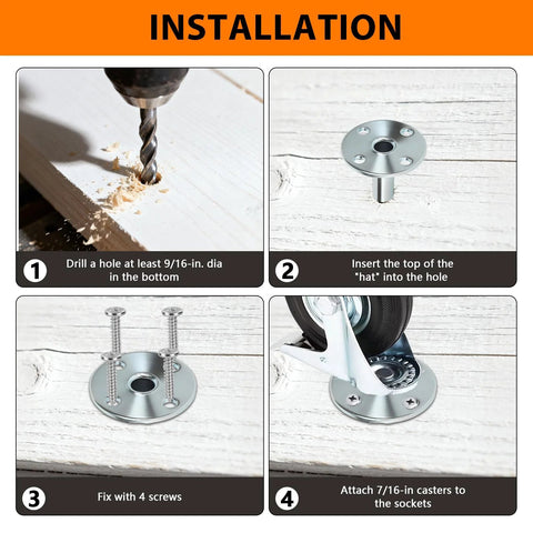 Installation steps for 8 Pcs Broad Brimmed Caster Socket Kit With 32 Stainless Steel Screws For Seven Sixteenths Inch Caster Stems