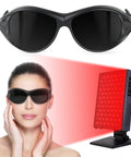 Broad Spectrum Red Light Therapy Glasses 200 To 2000nm Eye Protection For IPL shown with red light panel