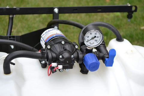 Universal Broadcast Sprayer Pressure Regulator With Quick Connect Bypass Port, showing gauge and connectors for spray control