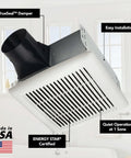 Powerful 110 CFM bathroom vent fan with quiet one point zero sones and easy install ENERGY STAR certified shown in bathroom.