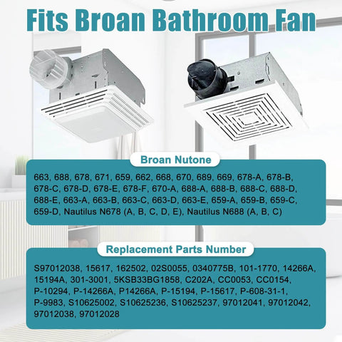 Fan Motor Replacement for Broan Nutone 663 688 678 671 659 662 668 670 689 669 663-C 688-C 663-E 688-E 678-C 678-D 678-F Bathroom Exhaust Fan Motor, S97012038 Ventilation Fans Motors, 50CFM, two fan models