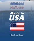 Broan NuTone building with 'Made in USA' text and American flag, promoting Powerful 110 CFM Bathroom Vent Fan With Quiet One Point Zero Sones And Easy Install ENERGY STAR Certified For Bathrooms Up To 105 Sq Ft By Broan NuTone Perfect For Foggy Mirrors And Fresh Air In Master Or Powder Rooms.
