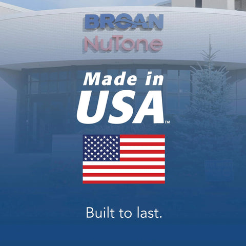 Broan NuTone building with 'Made in USA' text and American flag, promoting Powerful 110 CFM Bathroom Vent Fan With Quiet One Point Zero Sones And Easy Install ENERGY STAR Certified For Bathrooms Up To 105 Sq Ft By Broan NuTone Perfect For Foggy Mirrors And Fresh Air In Master Or Powder Rooms.