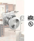 Versatile Through The Wall Ventilation Fan For Kitchen Garage Laundry Or Rec Room With 6 Inch In Wall Installation And Built In Exterior Vent Cap No Ducting Needed, 70 CFM And Quiet 6.0 Sones In White Cover By Broan NuTone, installed view with dimensions, HVI and UL certified logos visible