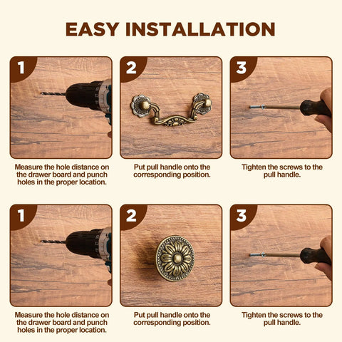 Step-by-step installation guide for Antique Bronze Cabinet Hardware Set 12 Pc Includes 6 3 Inch Bail Handle Drop Pulls And 6 1.33 Inch Vintage Flower Shape Knobs.