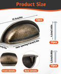 Brass Bronze Cup Drawer Pulls Set Twelve Pack with size, spacing details, and included screws for varying thicknesses