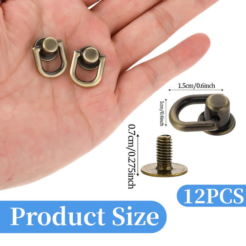 12 Pcs Bronze D Ring Studs With Ball Head Buttons And Rivets Set for leather purses, shown in hand with size details, ideal for DIY crafts.
