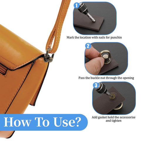 12 Pcs Bronze D Ring Studs With Ball Head Buttons And Rivets Set for leather crafting and installation on a handbag strap.