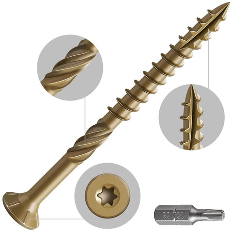 Close-up of Size 10 Deck Screws 3 Inch Bronze Exterior Wood Screws 137 Pack Epoxy Coated Rust Resistant T25 Star Bit