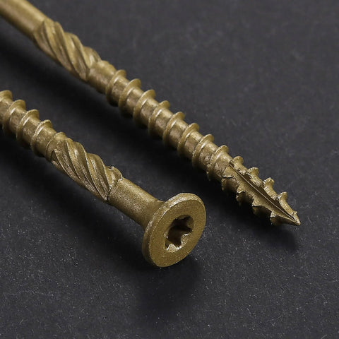 Close-up of Size 10 Deck Screws 3 Inch Bronze Exterior Wood Screws 137 Pack Epoxy Coated Rust Resistant T25 Star Bit