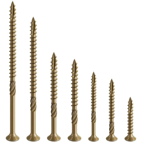 Assorted bronze deck screws, highlighting Size 10 Deck Screws 3 Inch Bronze Exterior Wood Screws 137 Pack Epoxy Coated Rust Resistant T25 Star Bit.