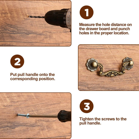 Step-by-step installation of Antique Bronze Drawer Pulls Set With Screws Rustic Vintage Drop Handles for cabinets and furniture.