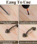 Installation steps for 20 Pack Vintage Mini Drawer Pulls In Antique Bronze Finish for jewelry boxes and cabinets, showing drilling and securing process.