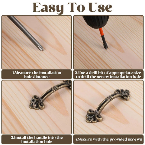 Installation steps for 20 Pack Vintage Mini Drawer Pulls In Antique Bronze Finish for jewelry boxes and cabinets, showing drilling and securing process.